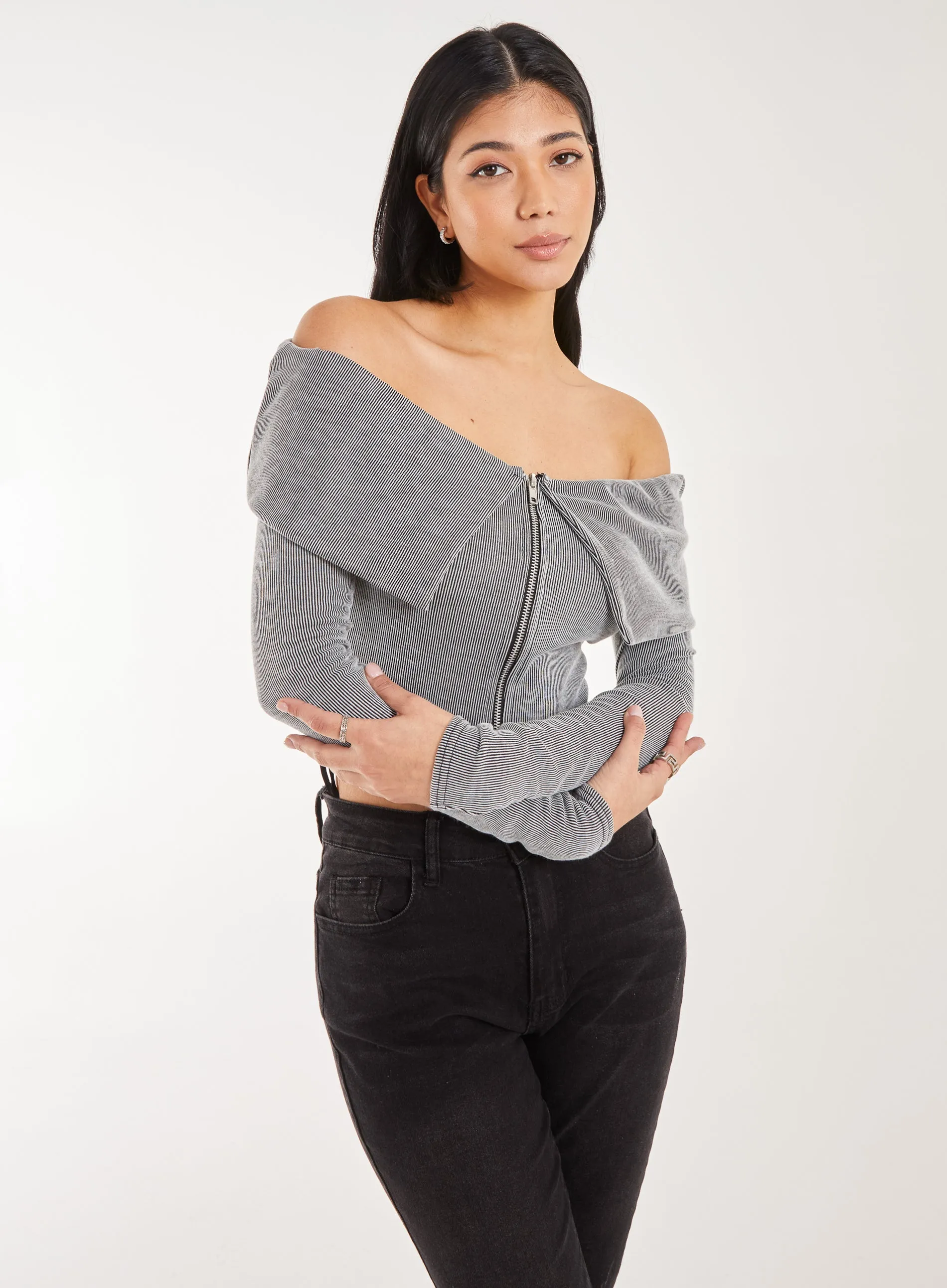 Fold Over Zip Bardot Top
