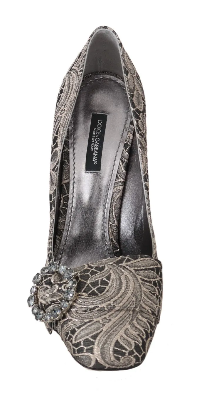 Gray Jacquard Floral Crystal Pumps Shoes
