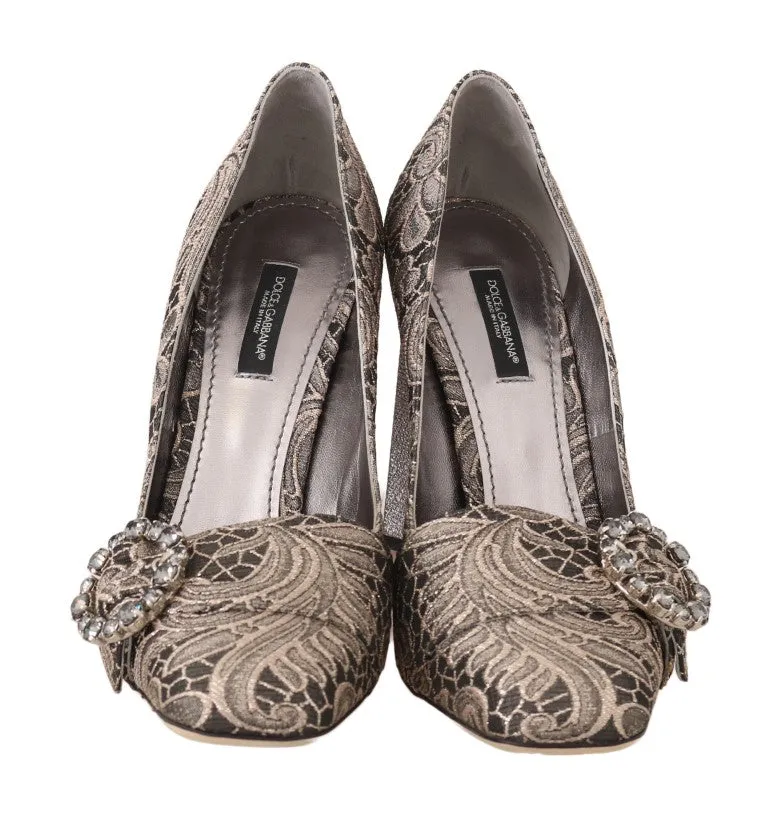 Gray Jacquard Floral Crystal Pumps Shoes