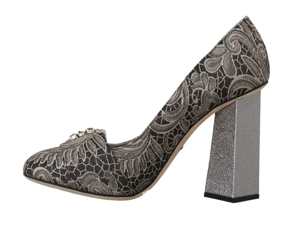 Gray Jacquard Floral Crystal Pumps Shoes