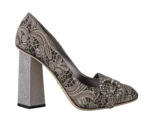Gray Jacquard Floral Crystal Pumps Shoes