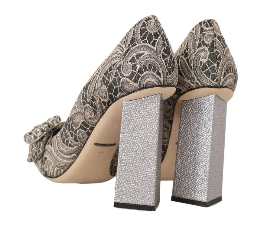 Gray Jacquard Floral Crystal Pumps Shoes