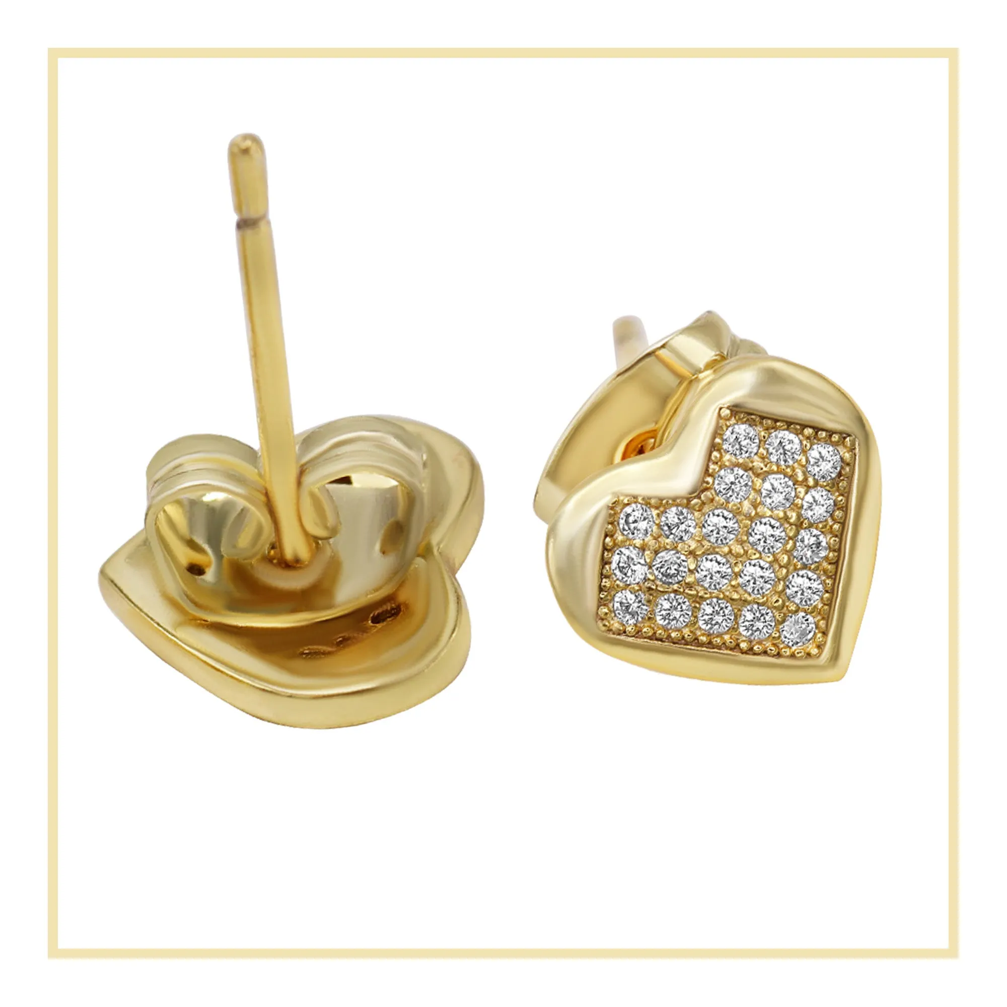 Heart 2 Cubic Zirconia Earrings 14K Gold Filled Hip Hop Studs Jewelry Women