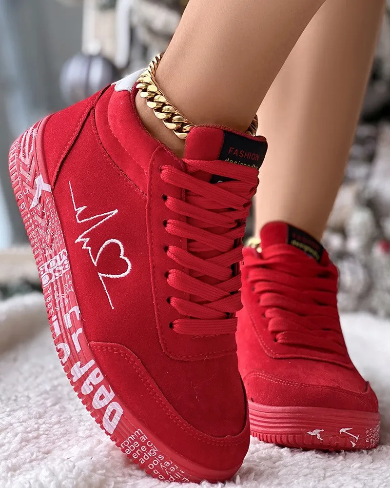 Heart Embroidery Lace up Platform Sneakers