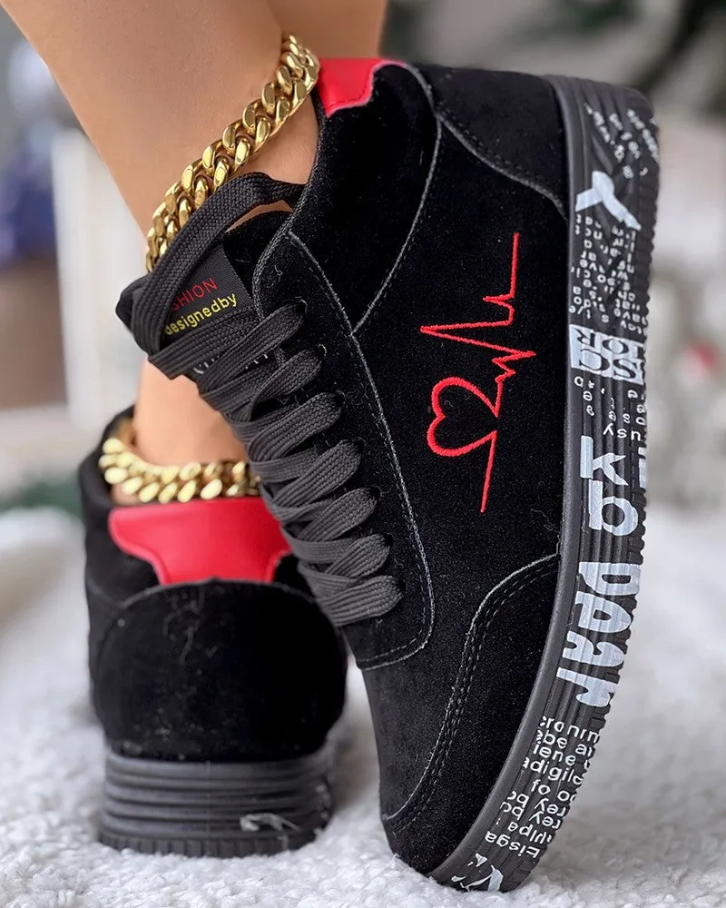 Heart Embroidery Lace up Platform Sneakers