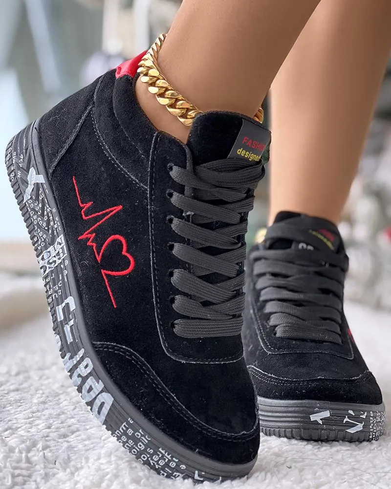 Heart Embroidery Lace up Platform Sneakers