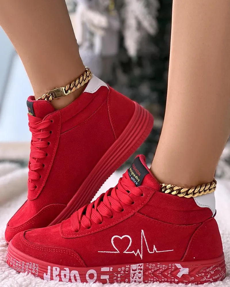 Heart Embroidery Lace up Platform Sneakers