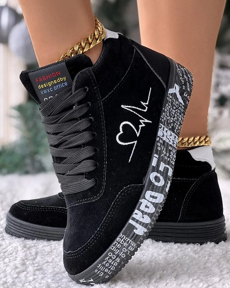Heart Embroidery Lace up Platform Sneakers