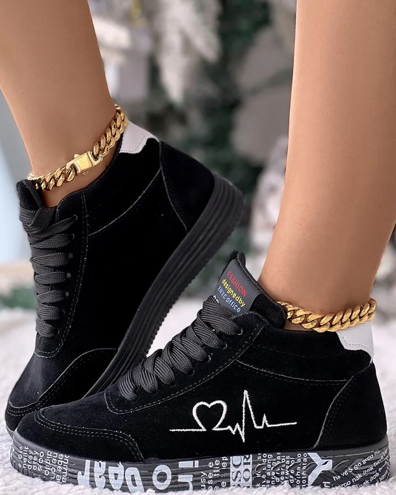 Heart Embroidery Lace up Platform Sneakers