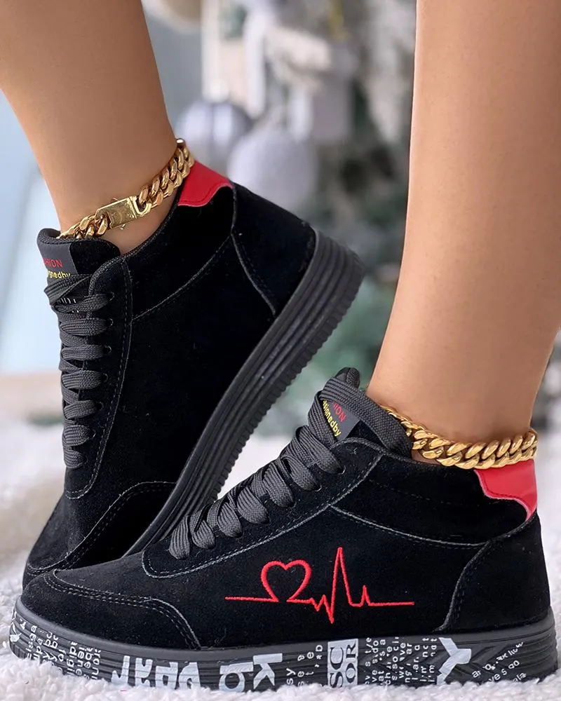 Heart Embroidery Lace up Platform Sneakers