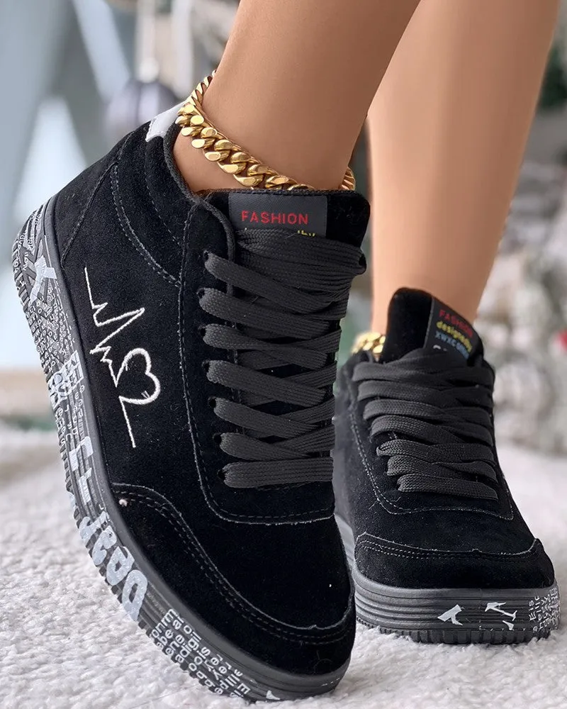 Heart Embroidery Lace up Platform Sneakers