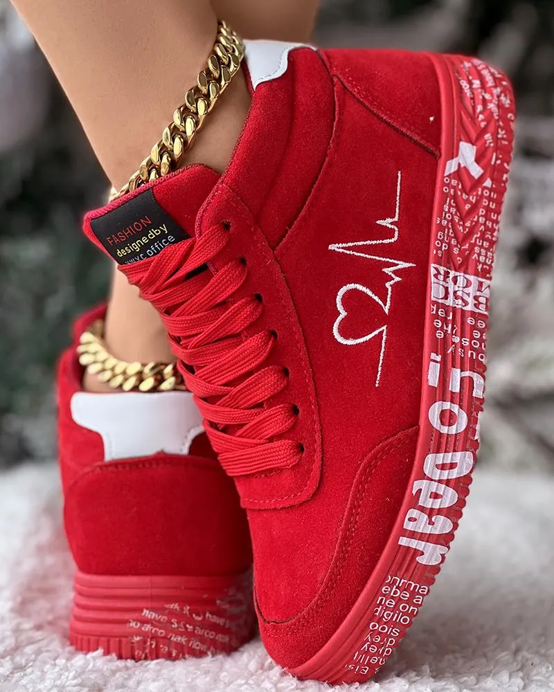 Heart Embroidery Lace up Platform Sneakers
