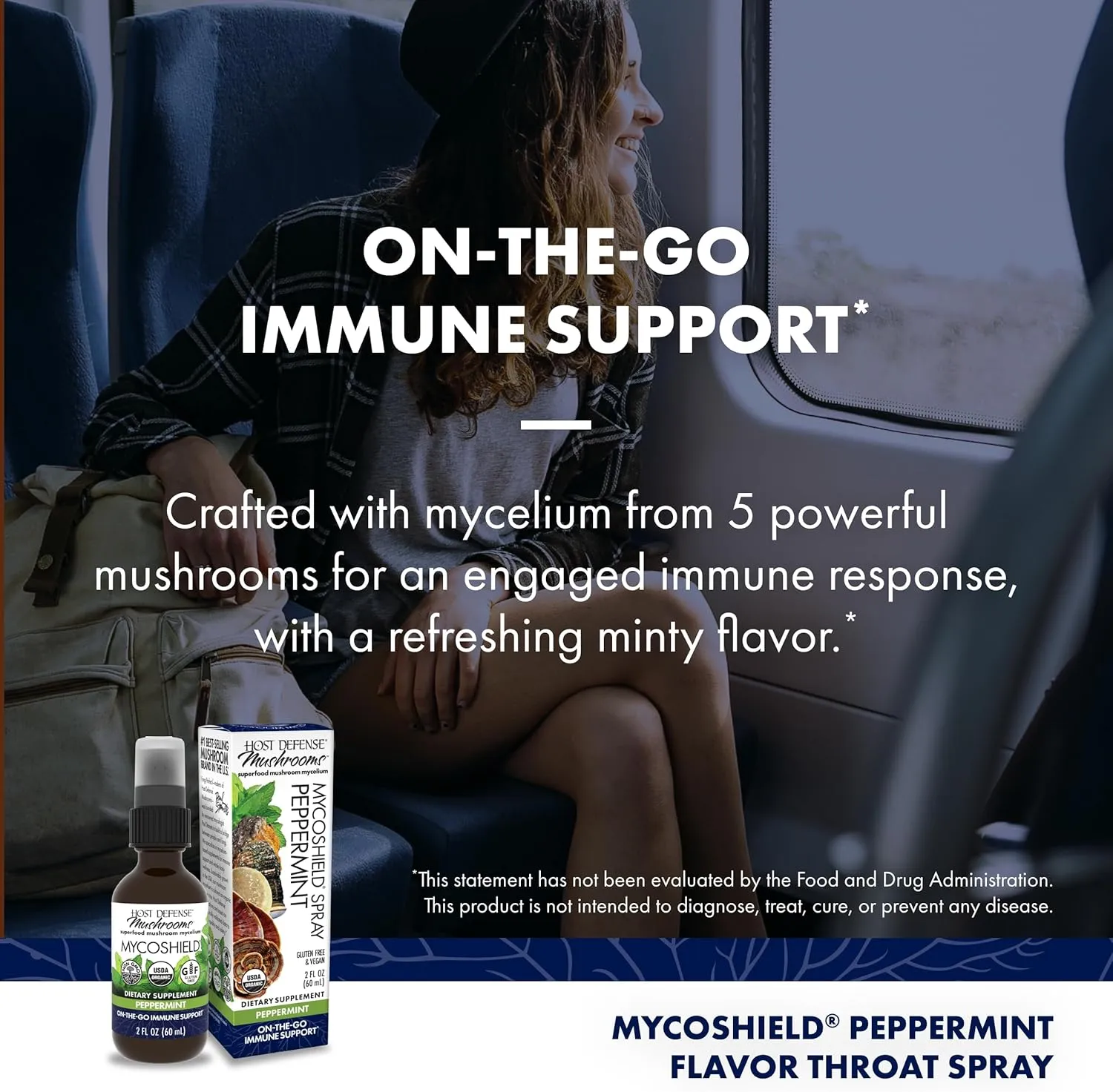 Host Defense, MycoShield Spray, Daily Immune Support, Mushroom Supplement, Peppermint, 2 fl oz