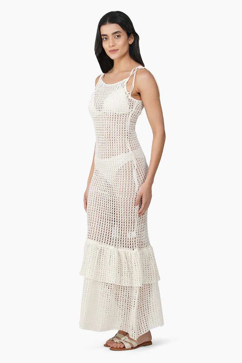 Jennifer White Crochet Lace Fabric Double Frill Cover Up
