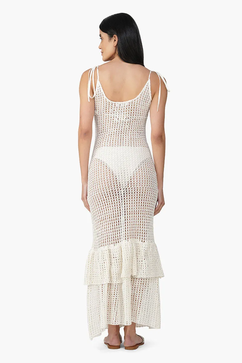 Jennifer White Crochet Lace Fabric Double Frill Cover Up