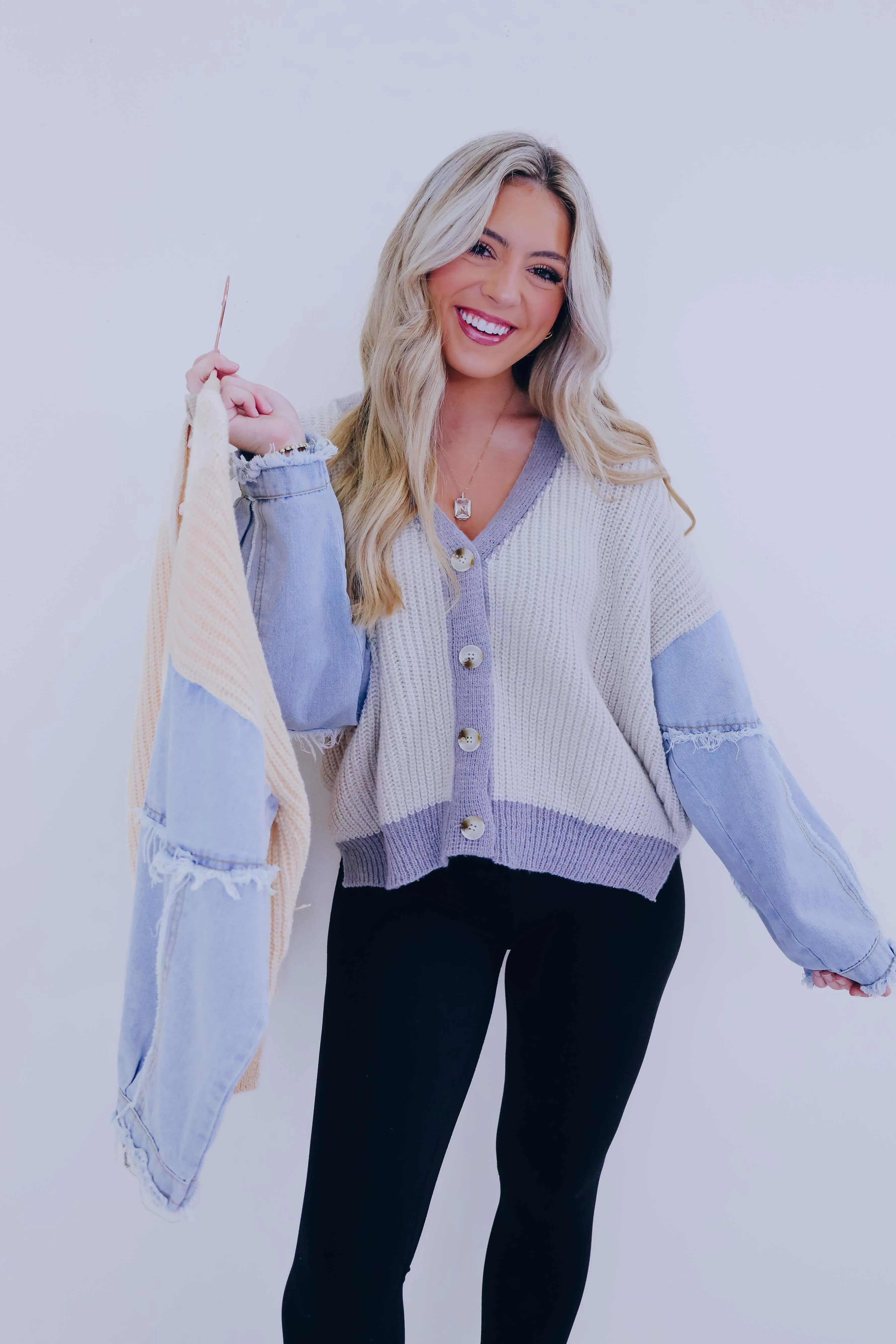 ***Kalie Knit and Denim Button Front Cardigan- 2 Colors SAMPLE