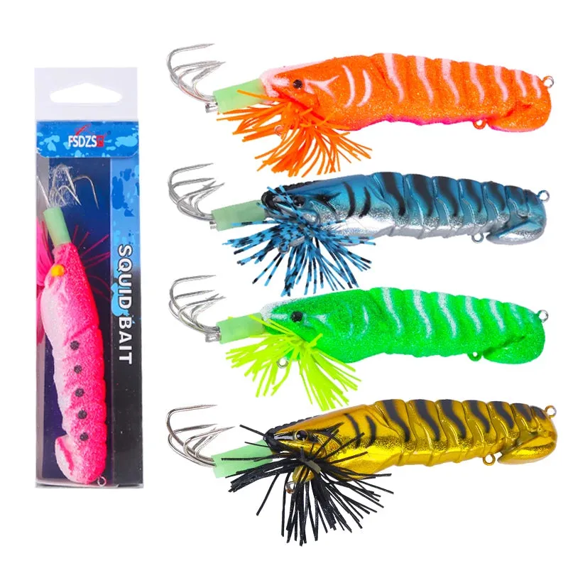Luminous Bait Squid fishing Hook Wood Shrimp Lures Soft Jigs Silicone with sound