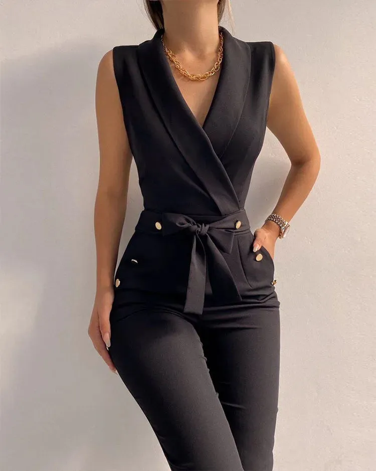 Obsidian Phoenix V-Neck Jumpsuit - Sleeveless, Button and Lace-Up Detail, Wide-Leg Pants, Casual Streetwear for Women