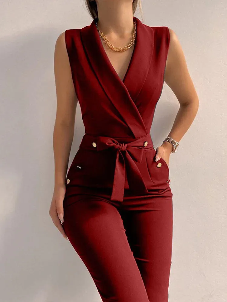 Obsidian Phoenix V-Neck Jumpsuit - Sleeveless, Button and Lace-Up Detail, Wide-Leg Pants, Casual Streetwear for Women