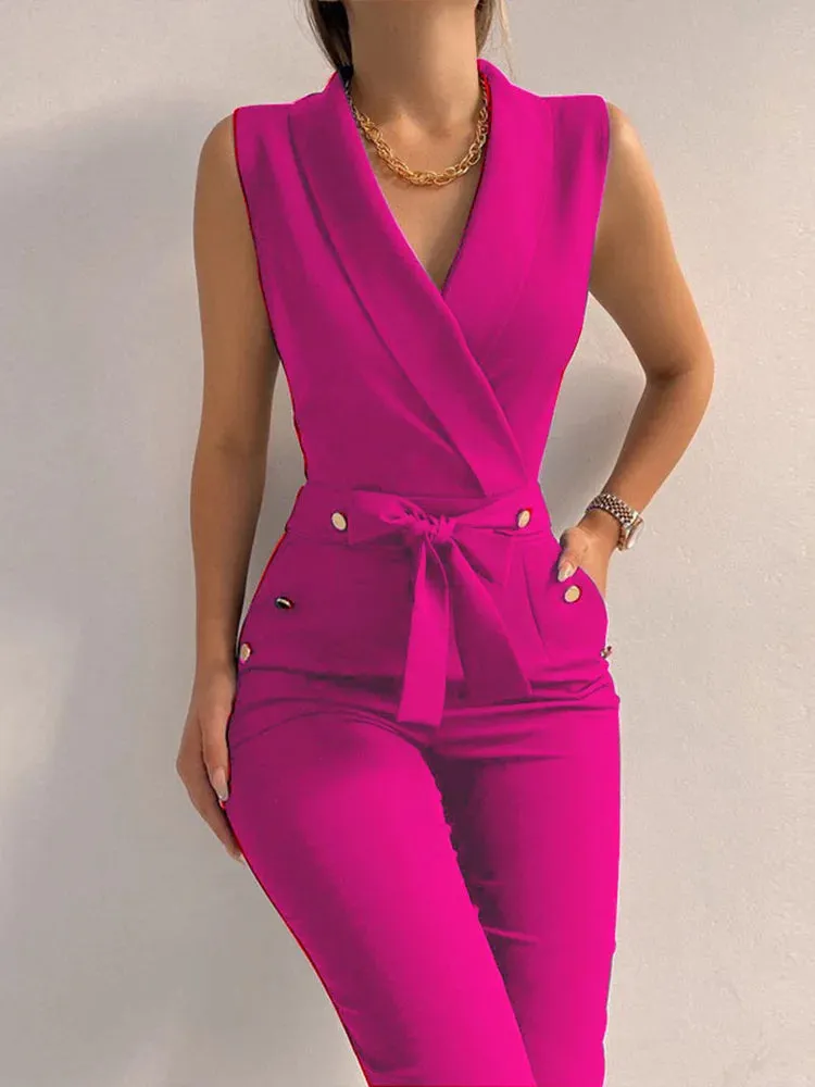 Obsidian Phoenix V-Neck Jumpsuit - Sleeveless, Button and Lace-Up Detail, Wide-Leg Pants, Casual Streetwear for Women