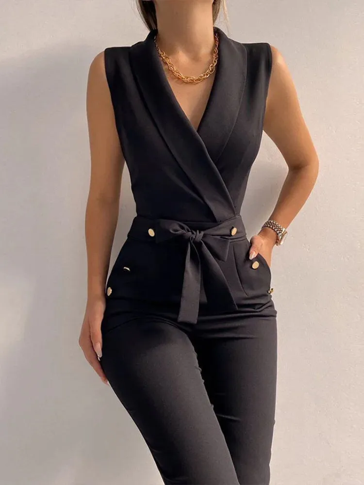 Obsidian Phoenix V-Neck Jumpsuit - Sleeveless, Button and Lace-Up Detail, Wide-Leg Pants, Casual Streetwear for Women