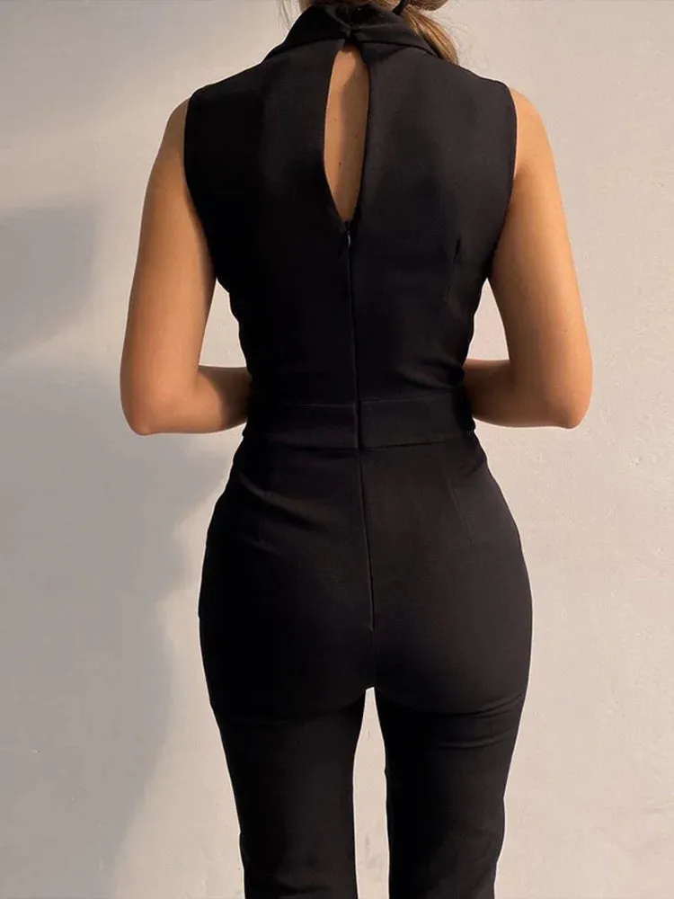 Obsidian Phoenix V-Neck Jumpsuit - Sleeveless, Button and Lace-Up Detail, Wide-Leg Pants, Casual Streetwear for Women