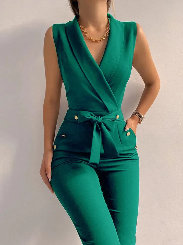 Obsidian Phoenix V-Neck Jumpsuit - Sleeveless, Button and Lace-Up Detail, Wide-Leg Pants, Casual Streetwear for Women