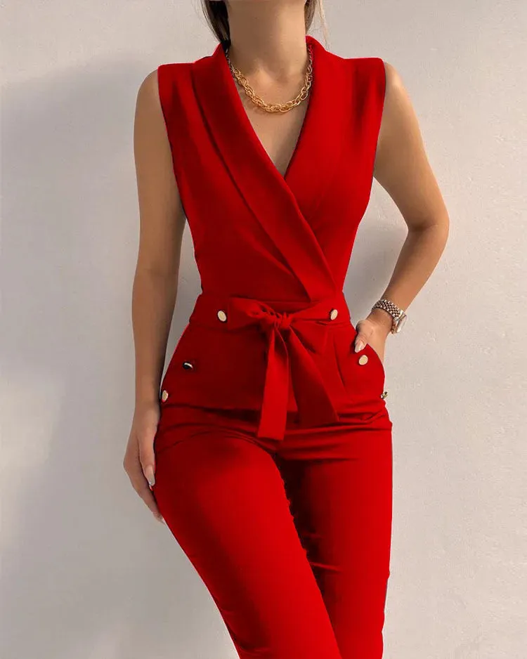 Obsidian Phoenix V-Neck Jumpsuit - Sleeveless, Button and Lace-Up Detail, Wide-Leg Pants, Casual Streetwear for Women