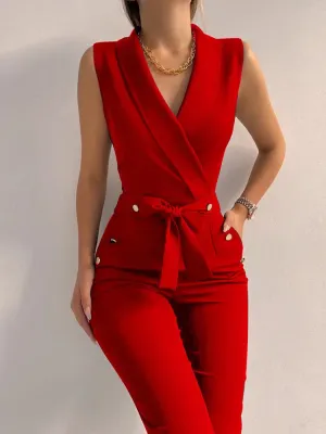 Obsidian Phoenix V-Neck Jumpsuit - Sleeveless, Button and Lace-Up Detail, Wide-Leg Pants, Casual Streetwear for Women