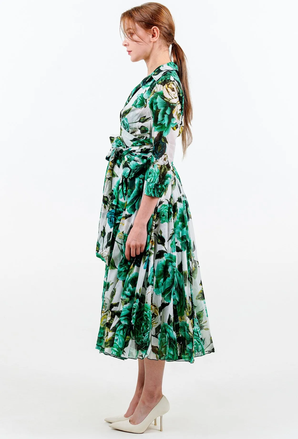 Olivia Dress Shirt Collar 3/4 Sleeve Midi Length Cotton Musola (Peony Kimono All Over)