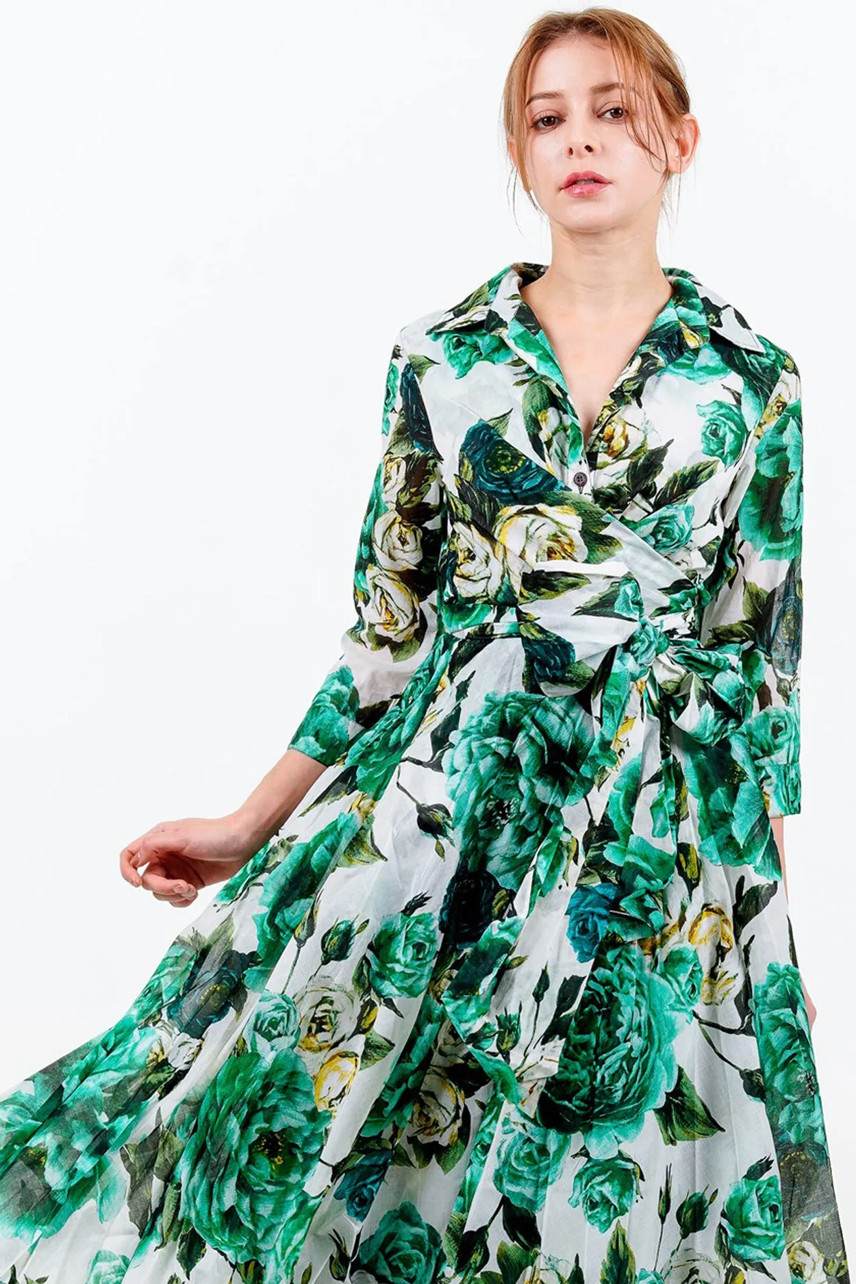 Olivia Dress Shirt Collar 3/4 Sleeve Midi Length Cotton Musola (Peony Kimono All Over)