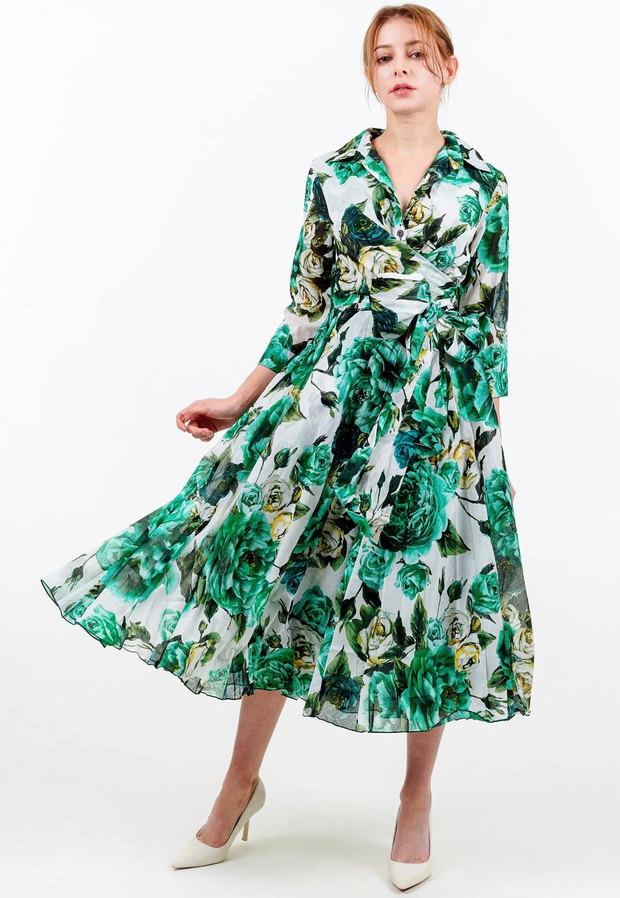 Olivia Dress Shirt Collar 3/4 Sleeve Midi Length Cotton Musola (Peony Kimono All Over)