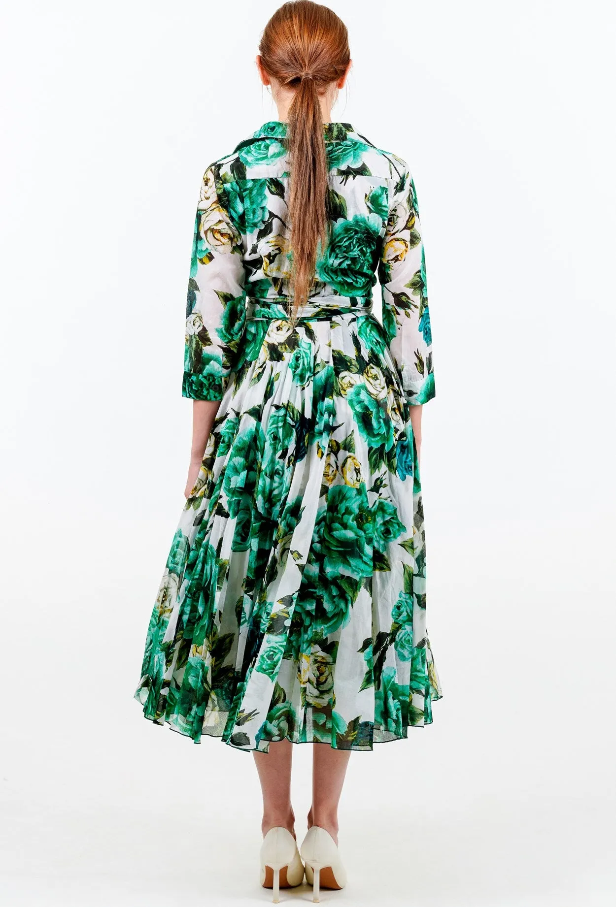 Olivia Dress Shirt Collar 3/4 Sleeve Midi Length Cotton Musola (Peony Kimono All Over)