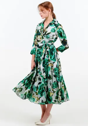 Olivia Dress Shirt Collar 3/4 Sleeve Midi Length Cotton Musola (Peony Kimono All Over)