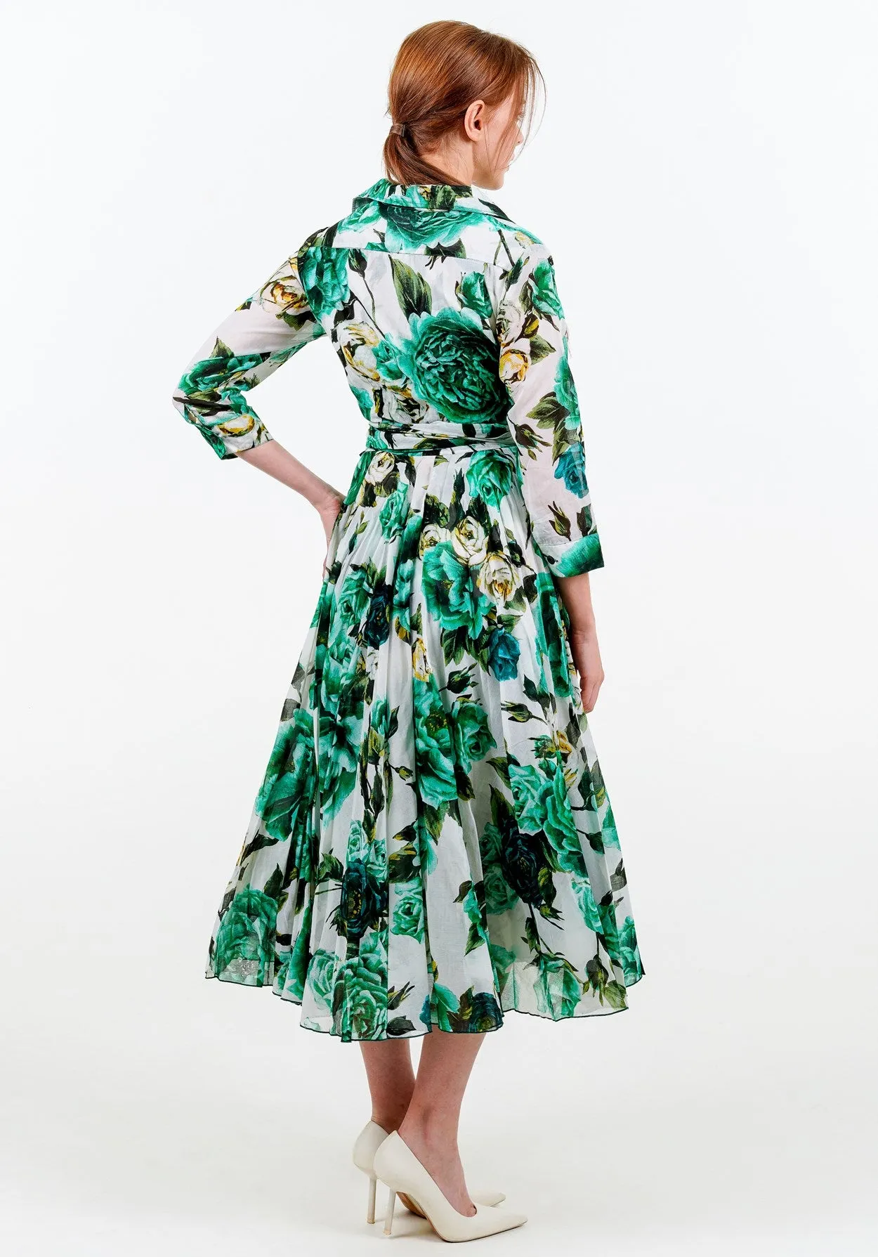 Olivia Dress Shirt Collar 3/4 Sleeve Midi Length Cotton Musola (Peony Kimono All Over)