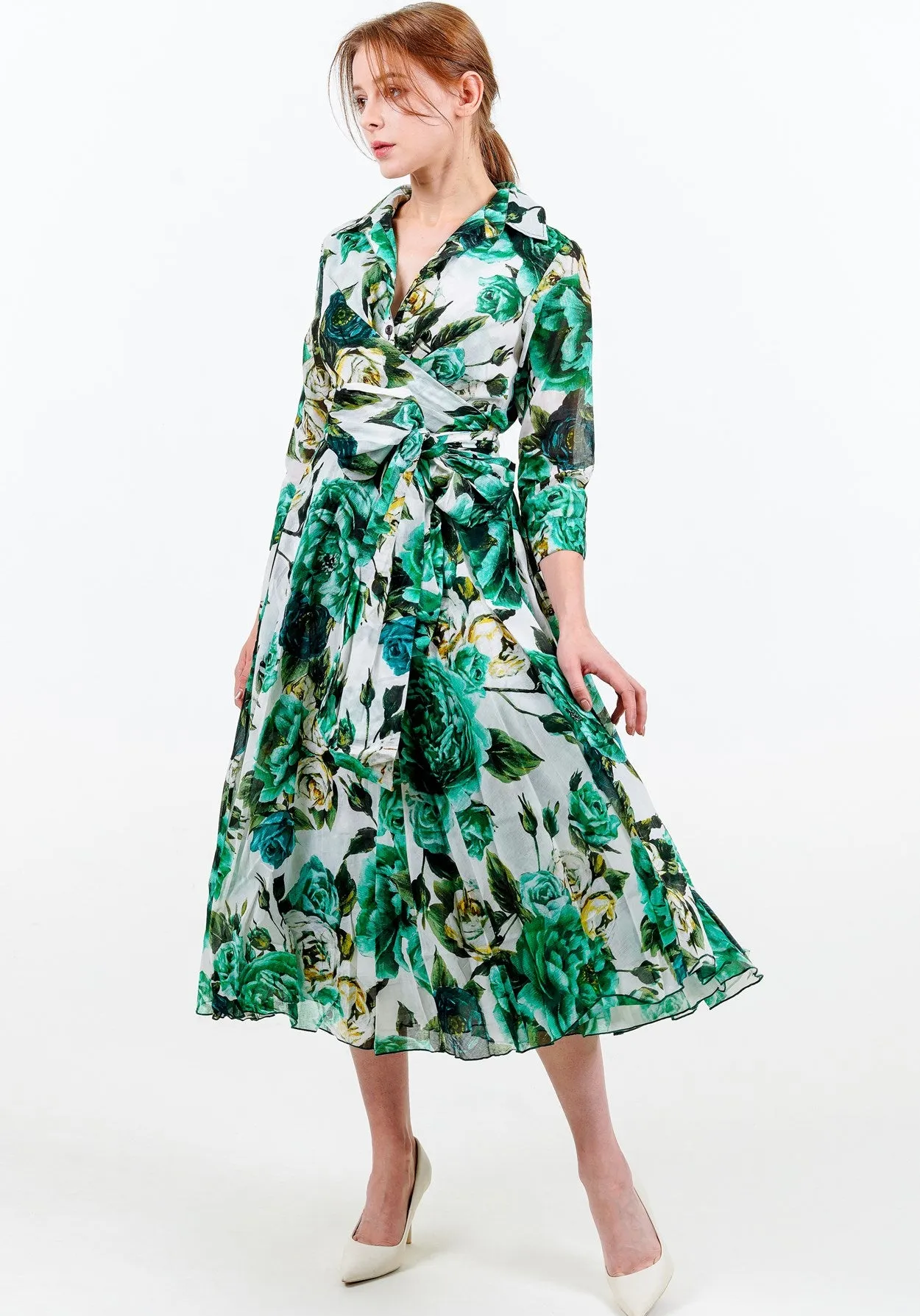 Olivia Dress Shirt Collar 3/4 Sleeve Midi Length Cotton Musola (Peony Kimono All Over)