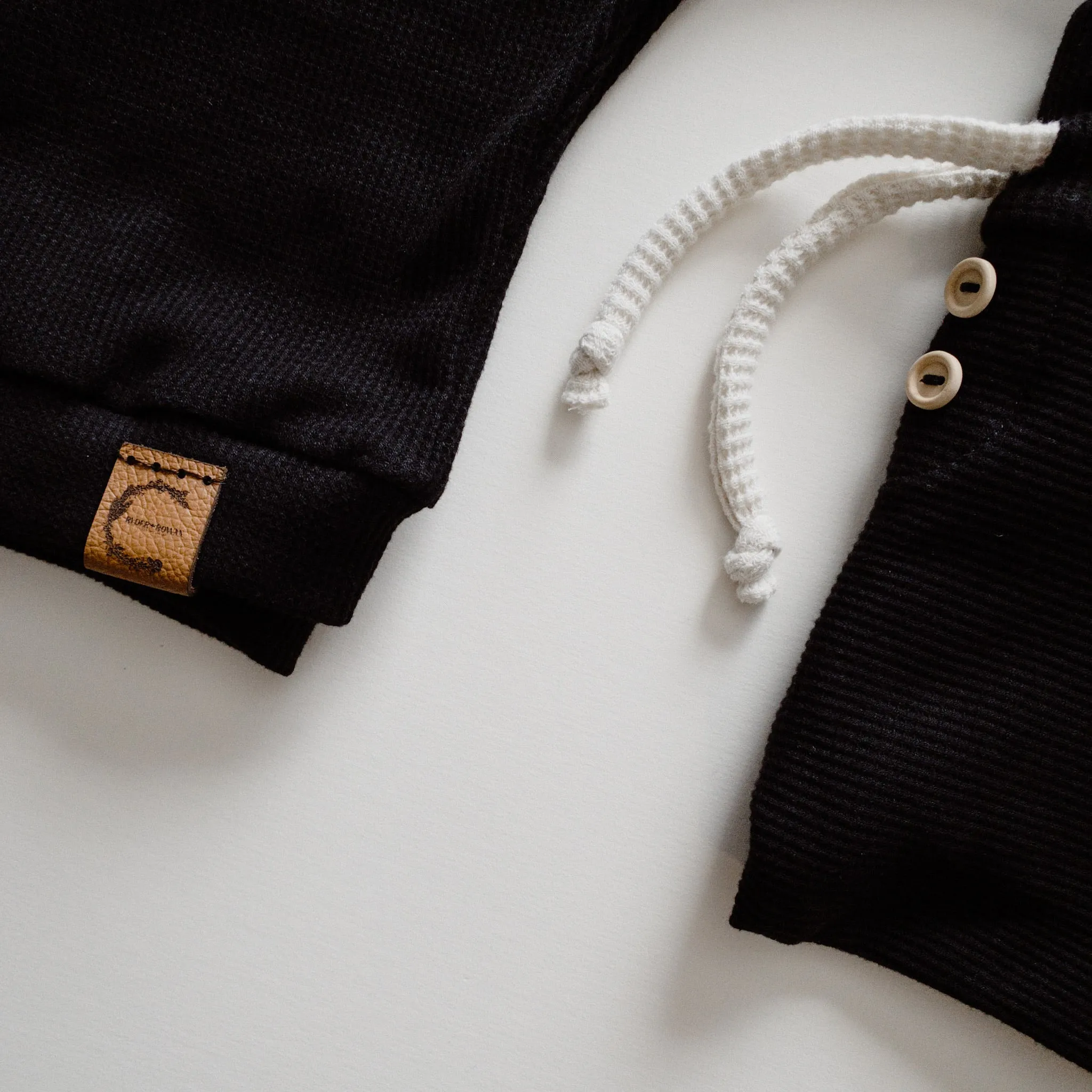 Organic Waffle Knit Crew Neck Pullover - Black