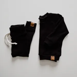 Organic Waffle Knit Crew Neck Pullover - Black