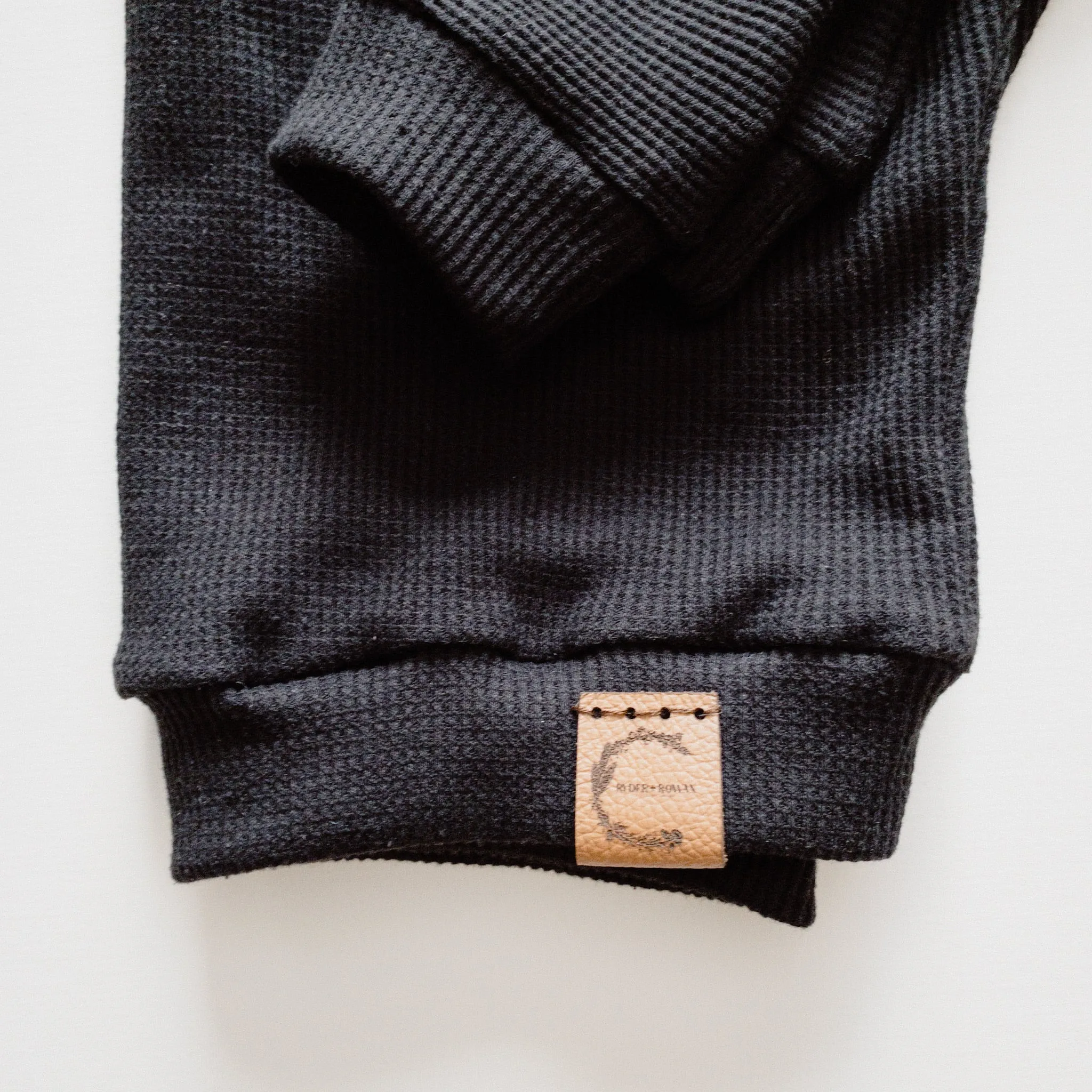 Organic Waffle Knit Crew Neck Pullover - Black