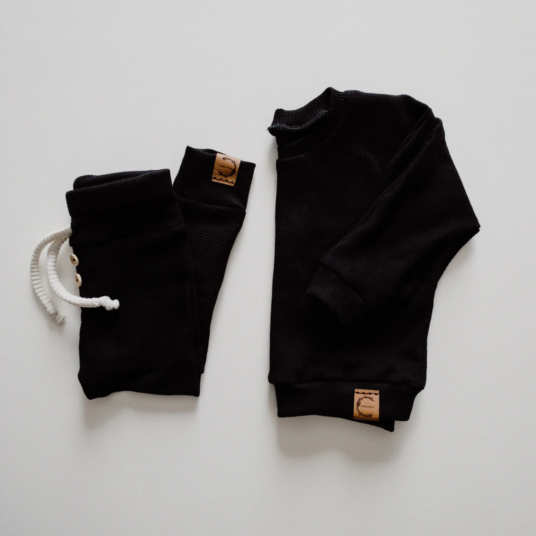 Organic Waffle Knit Crew Neck Pullover - Black