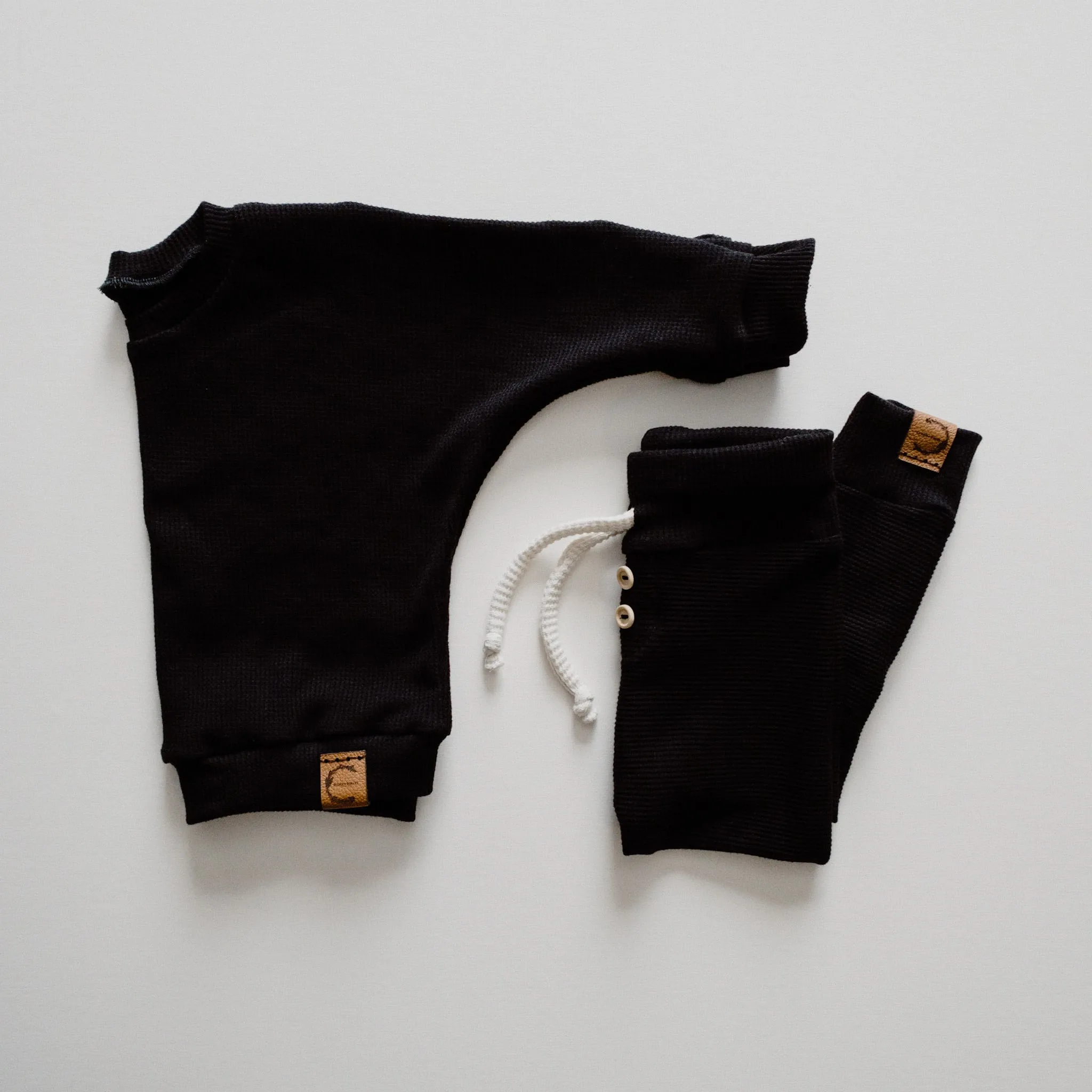 Organic Waffle Knit Crew Neck Pullover - Black