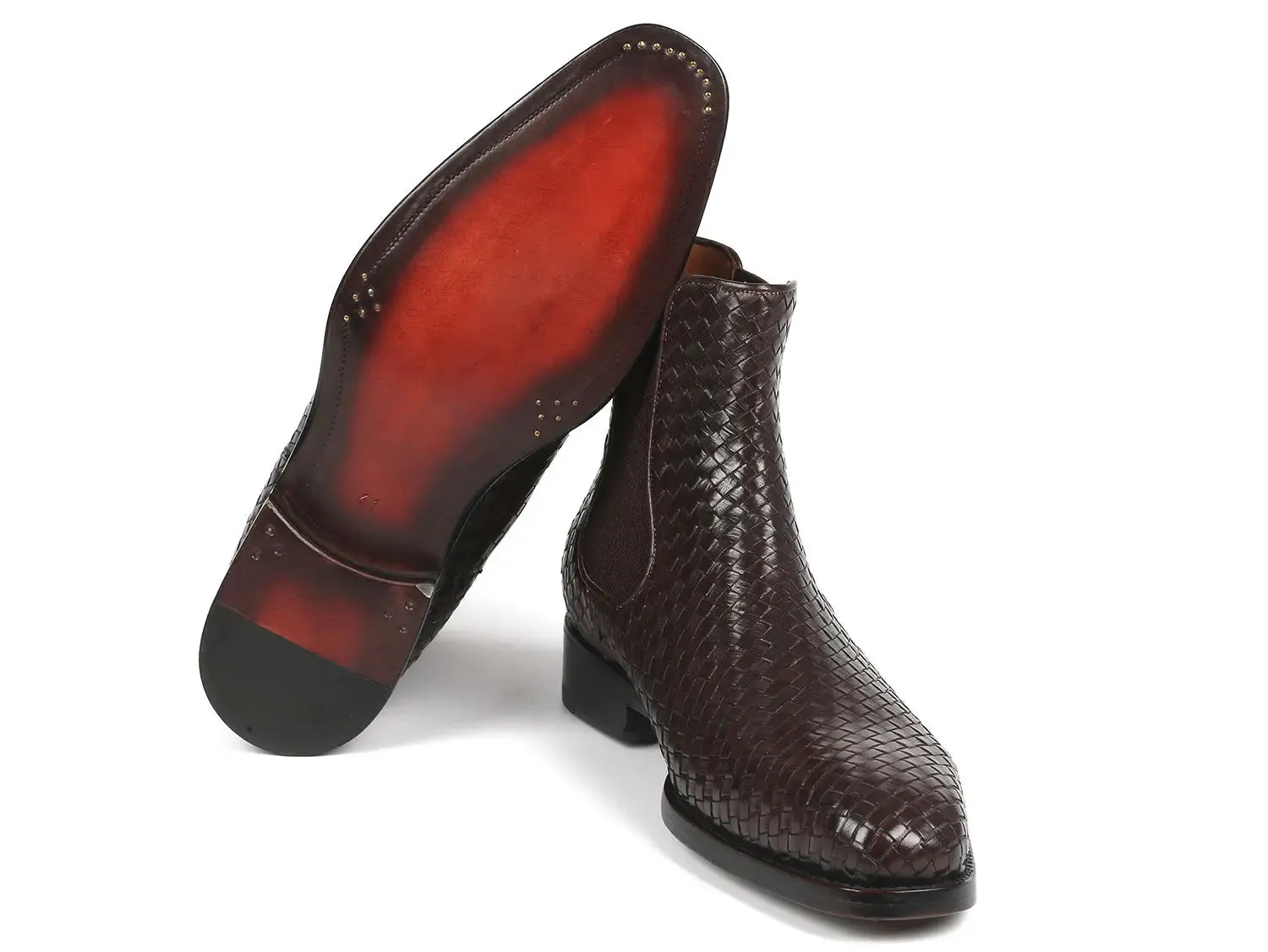 Paul Parkman Men's Woven Leather Chelsea Boots in Chocolate Brown