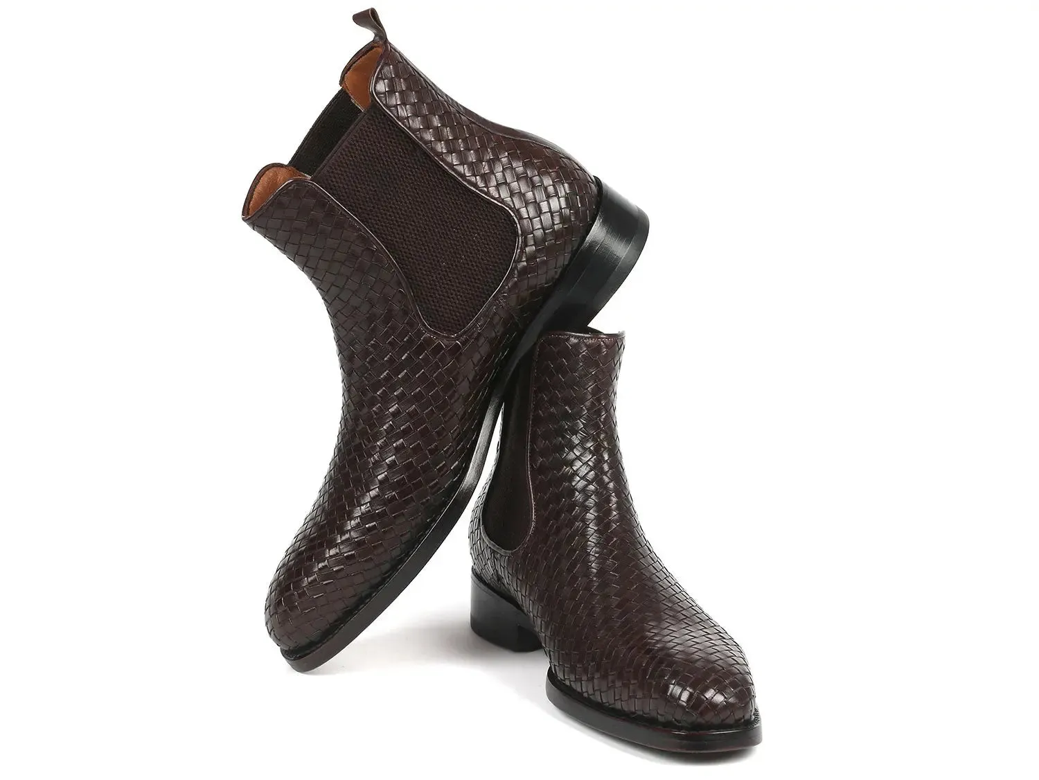 Paul Parkman Men's Woven Leather Chelsea Boots in Chocolate Brown