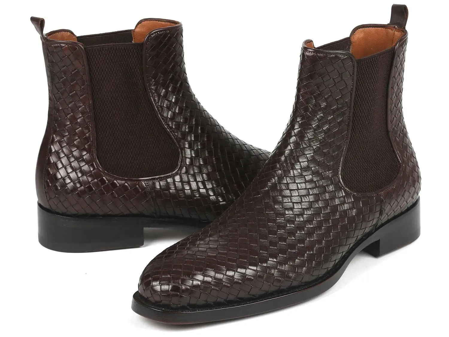 Paul Parkman Men's Woven Leather Chelsea Boots in Chocolate Brown