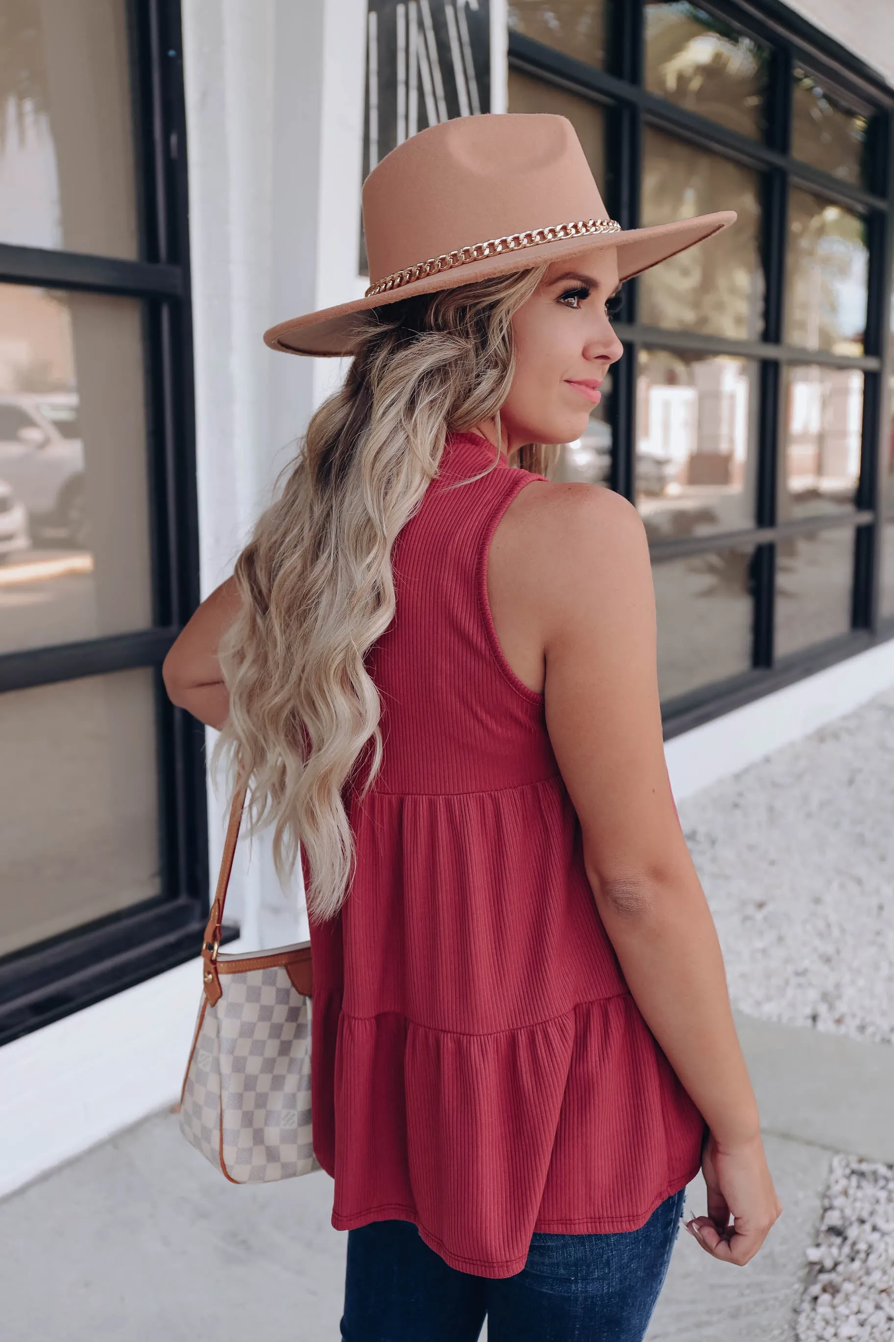 Riley Mock Neck Ribbed Tank - Marsala