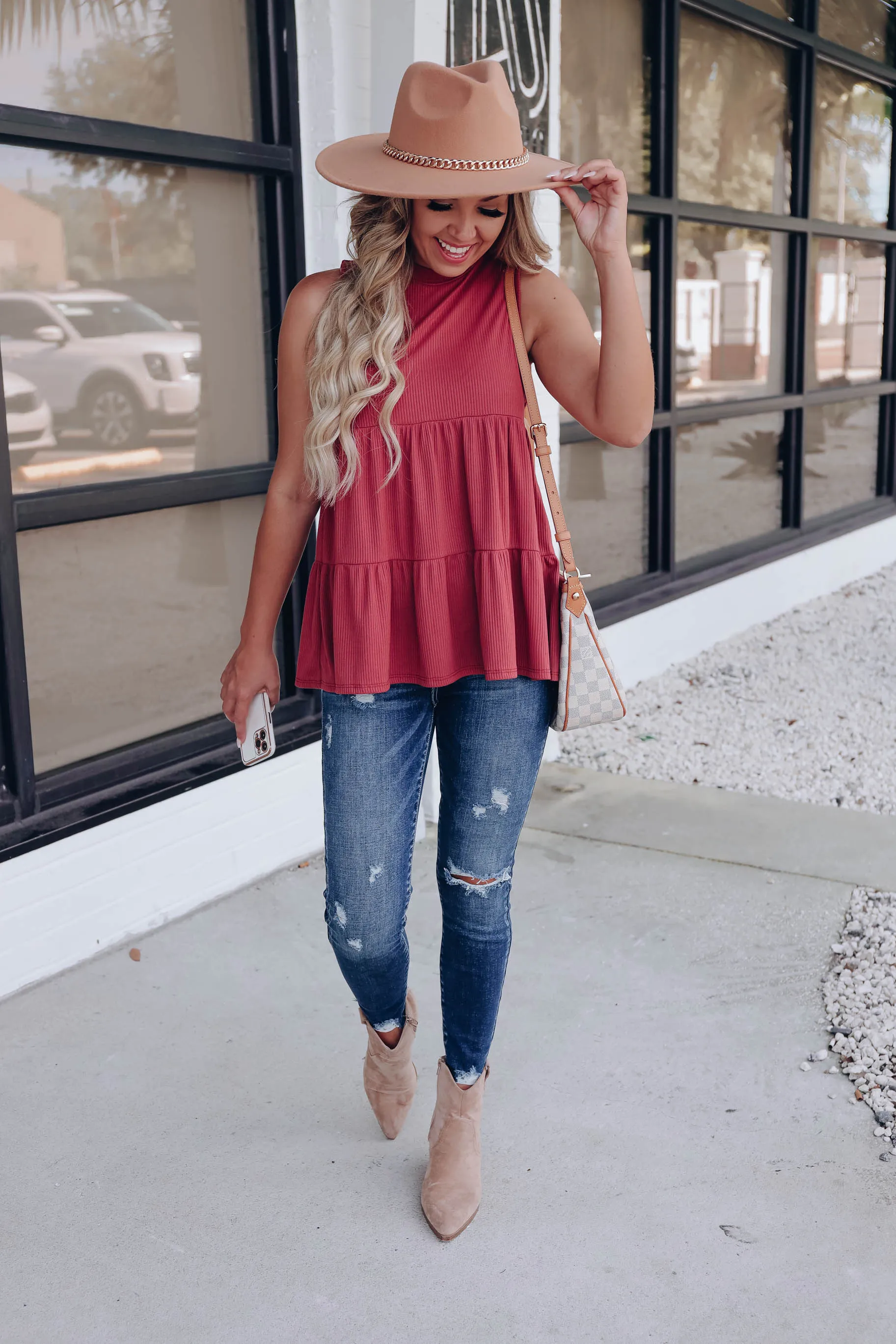 Riley Mock Neck Ribbed Tank - Marsala