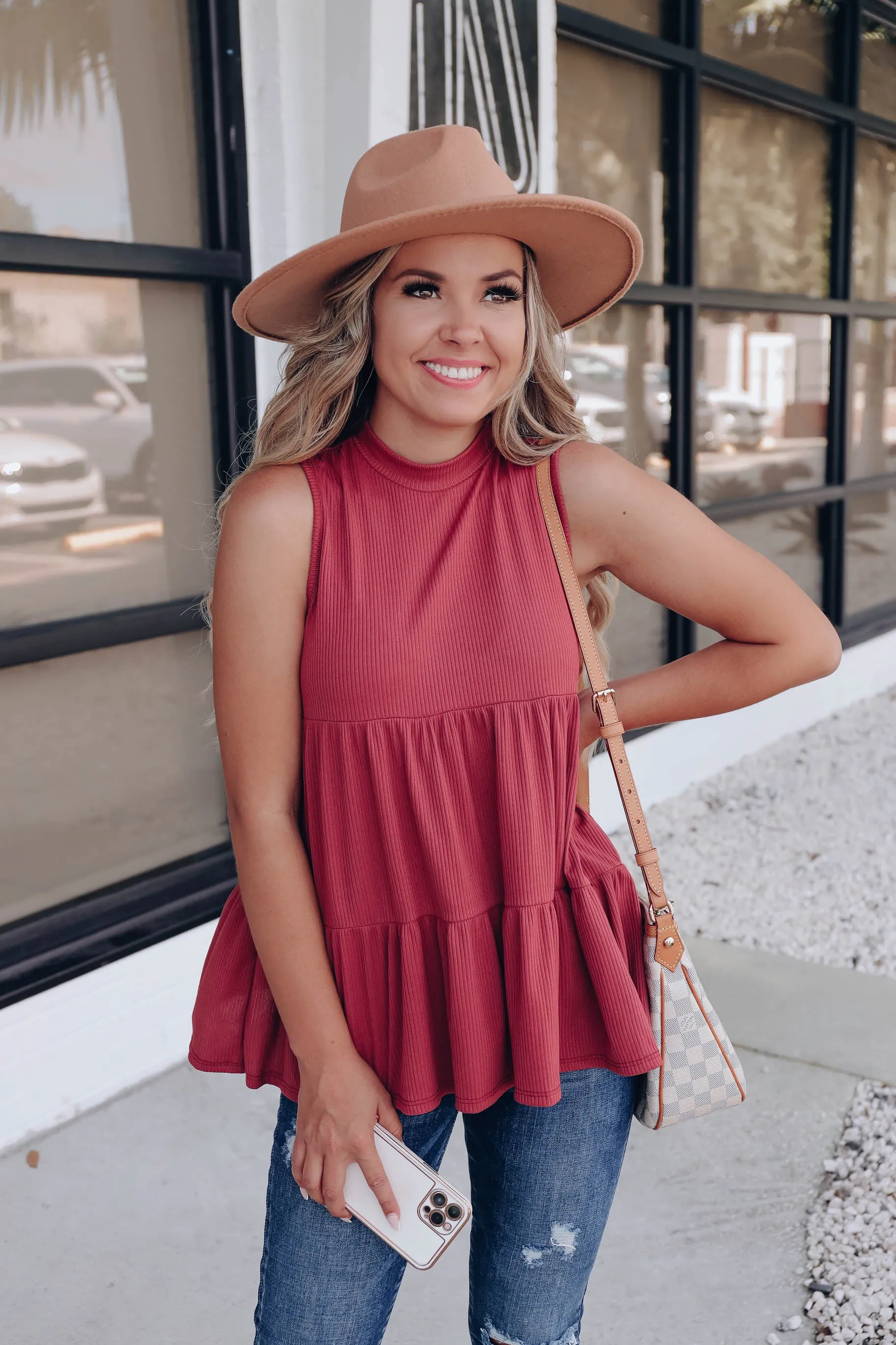 Riley Mock Neck Ribbed Tank - Marsala