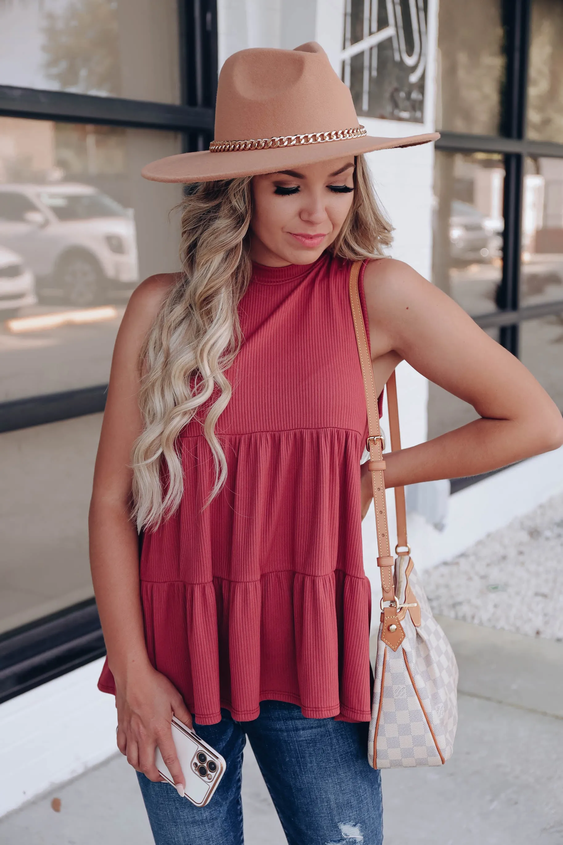 Riley Mock Neck Ribbed Tank - Marsala