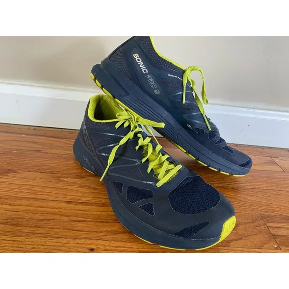 Salomon Sonic Pro 2 Men's Size 10 Running Shoes 393388 Navy Blue Yellow Vibe