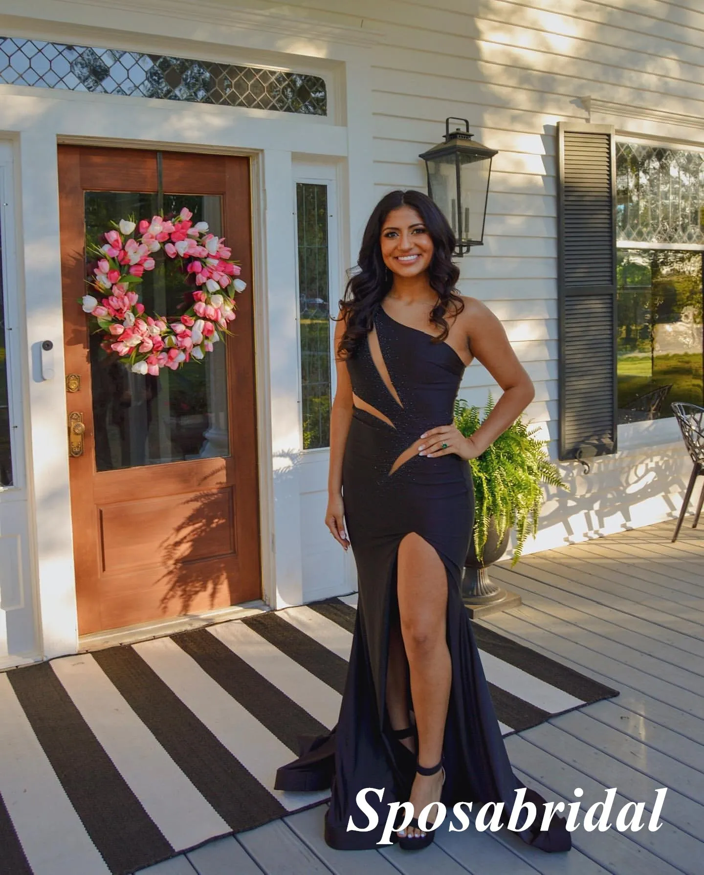 Sexy Black Satin One Shoulder Sleeveless Side Slit Mermaid Long Prom Dresses, PD3925